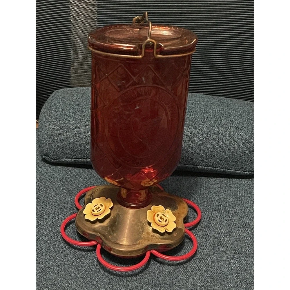 20oz Vintage Red Glass‎ Bottle Hummingbird Feeder Perky Pet Nectar Feeder Hanger